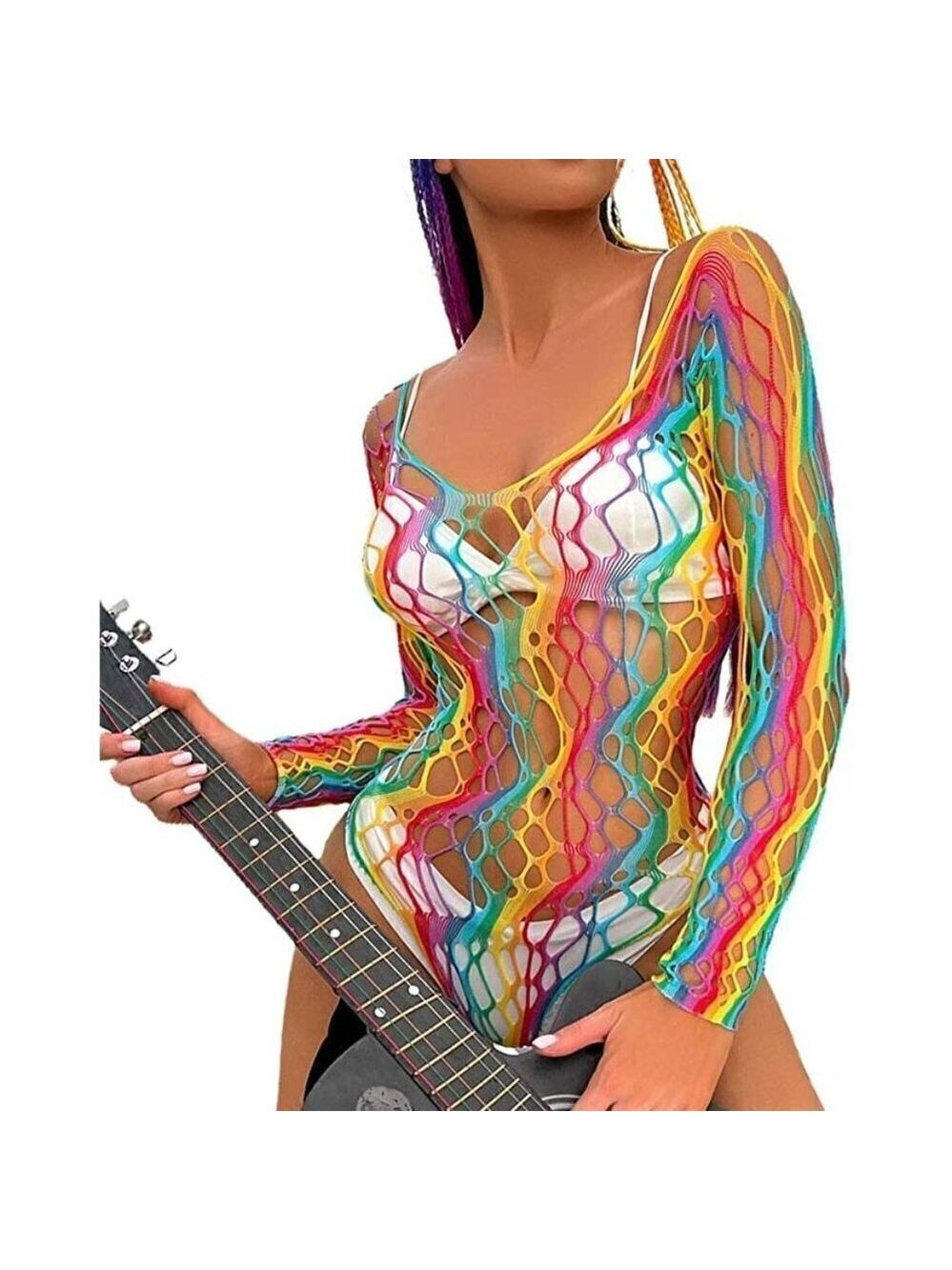 𝅺🌈 Rainbow Fishnet Stockings Mesh Lingerie Bodysuit Party Rave Boho Cosplay NWT